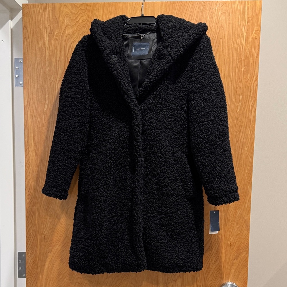 Lucky Brand Black Teddy Sherpa Hooded Coat